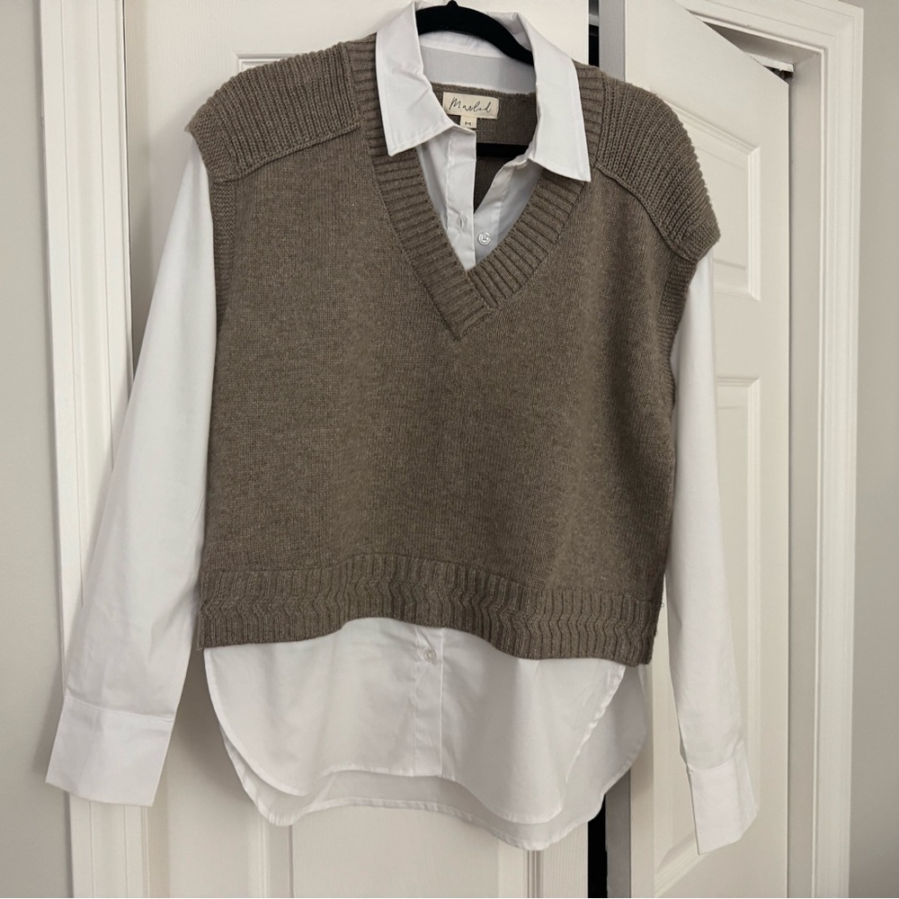 Marled Taupe Knit Vest with White Shirt